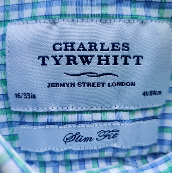 CHARLES TYRWHITT Button Down Shirt 16/33" Slim Check Long Sleeve Green Blue Mens - Picture 4 of 7
